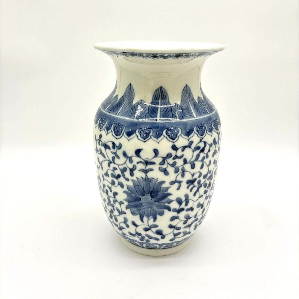 Blue and White Chinoiserie Floral Porcelain Vase Ming Style Decorative Pottery